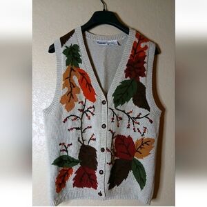 Vtg CAPACITY Women's Leaf Pattern Sweater - Multicolor Fall Vest Size M